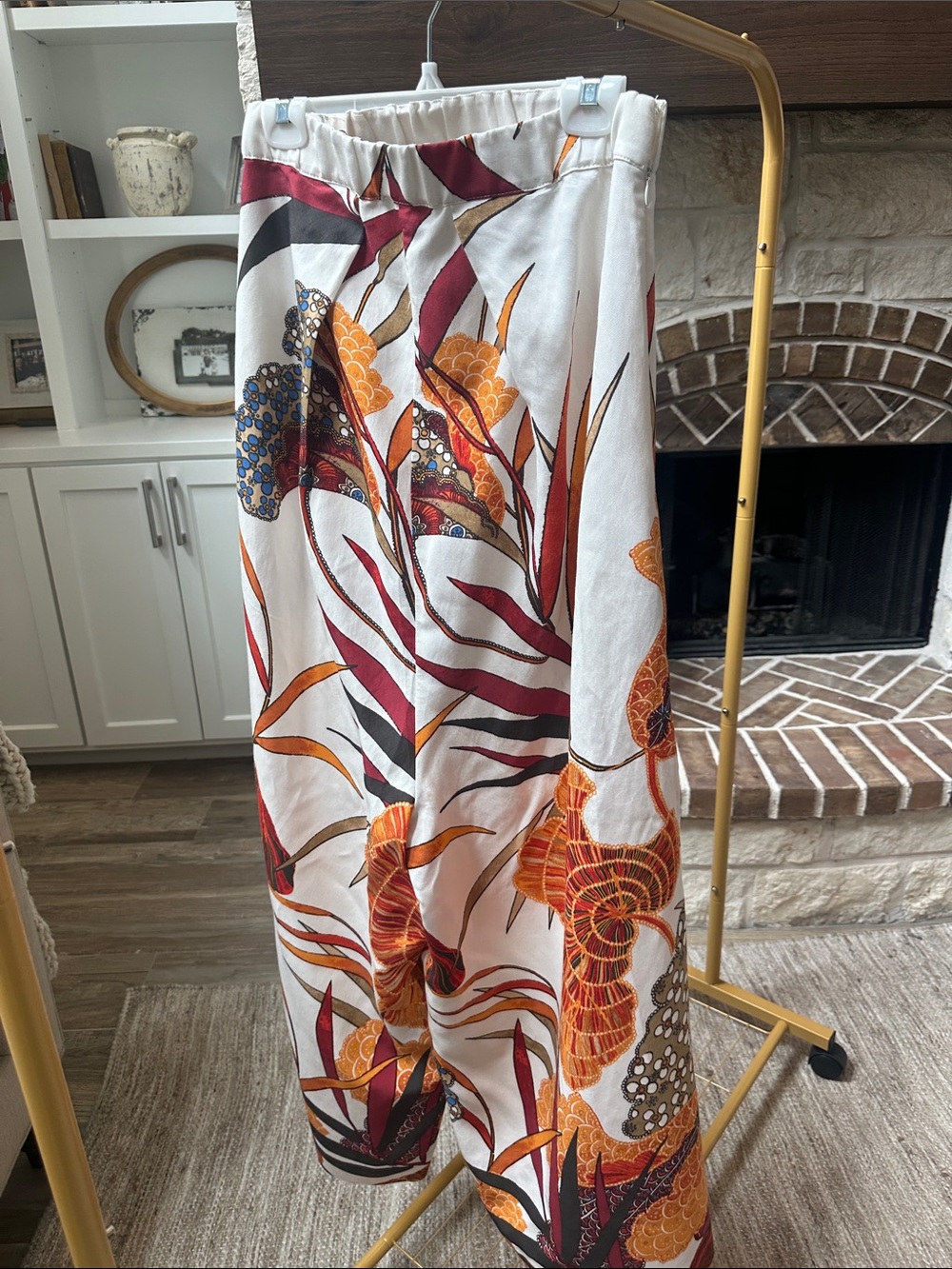 Anthropologie White Jumpsuit with Red and Orange Botanical Print Size 4p